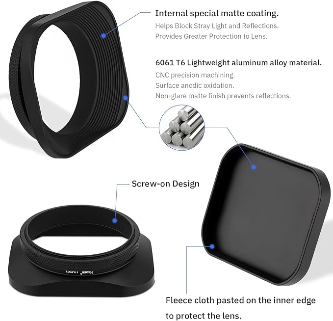 Haoge LH-E52T 52mm Square Metal Screw-in Lens Hood with Cap for 52mm Canon Nikon Sony Leica Voigtlander Nikkor Panasonic Pentax Contax Olympus Lens and Other Lens with 52mm Filter Thread