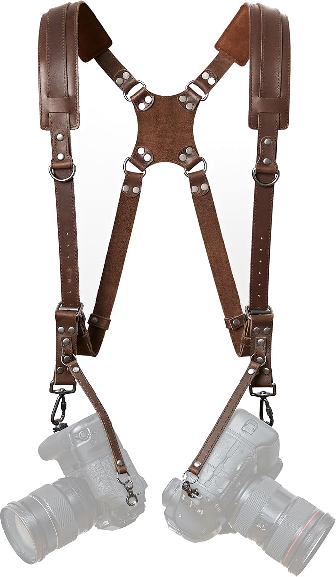 Padwa Lifestyle Dark Brown Dual Camera Harness - Dual Shoulder Full Grain Leather Strap for DSLR/SLR Cameras