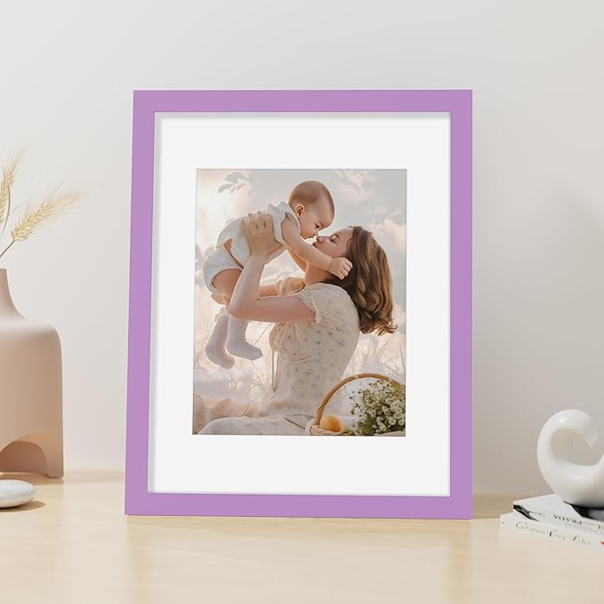 Vittanly 11x14 Picture Frame, Made of Solid Wood and Shatterproof Plexiglass, Display Pictures 8x10 with Mat or 8x10 without Mat, Wooden Photo Frame for Wall Mounting or Tabletop, Purple, 1 Pack
