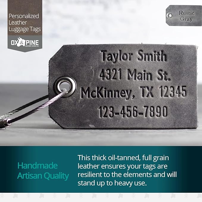 Ox & Pine Handmade Personalized Leather Luggage Tags - 100% Full-Grain Leather (Dark Brown, Rustic Brown, Saddle Tan, Rustic Gray, or Black) 3.5" x 2" (Rustic Gray)