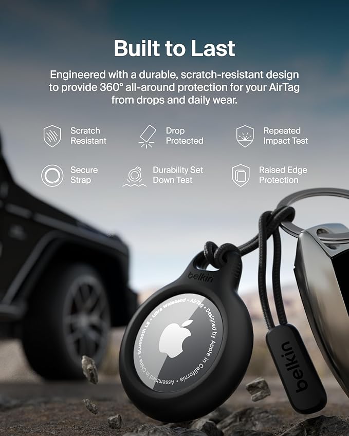 Belkin Apple Airtag Secure Holder With Strap - Apple Air Tag Keychain - Airtag Holder With Strap For Key Ring - Airtag Keychain Accessories - Scratch Resistant Airtag Case With Raised Edges - Black