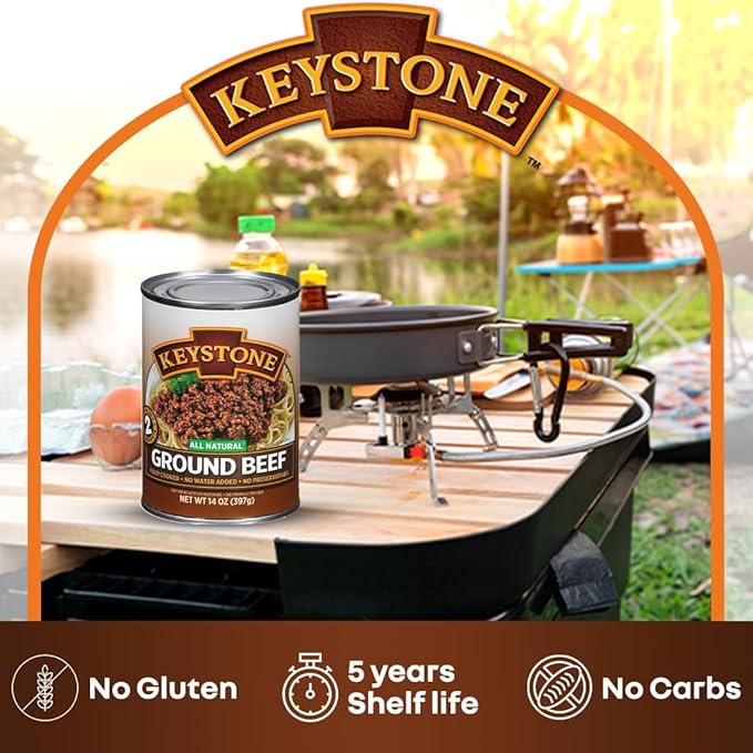 Keystone Meats 24 Cans Variety Pack – All Natural Fully Cooked Canned Meat (6 Beef, 4 Chicken, 4 Turkey, 4 Pork –14.5 oz | 6 Ground Beef –14 oz) – Pantry Staple, Emergency, Camping 5 Years Shelf Life