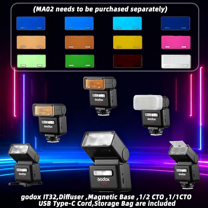 Godox IT32 Camera Flash-LCD Touchscreen Control,Flexible Flash Head,Built-in Reflector and Diffuser,LED Modeling Light,Compatible with Godox X5, X3, X2T, XPro, and XPro II Flash Triggers