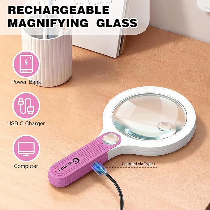 GUOUBUO Rechargeable Large 5.2'' Magnifying Glass with Light, 10X 20X 45X Handheld Magnifying Glasses for Reading, 3 Lighted Modes Non-Slip Handle Magnifier for Seniors Close Work Coins Jewelry Hobby
