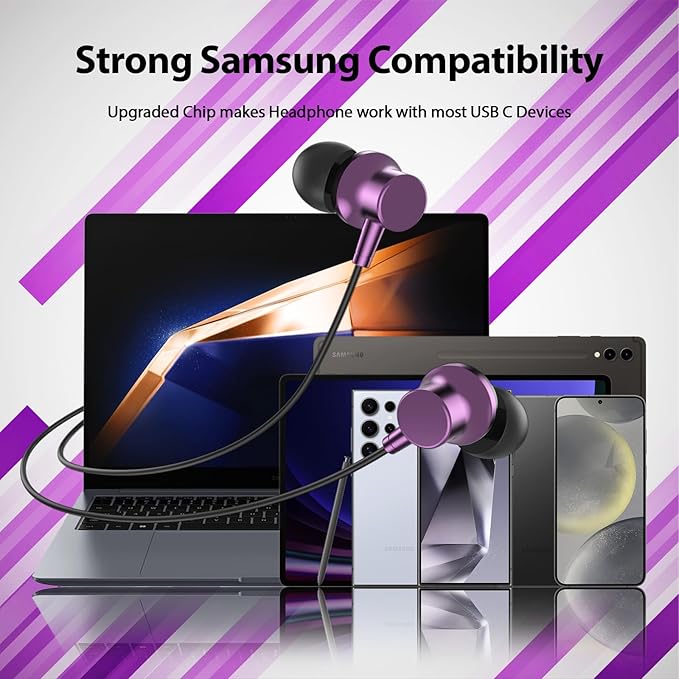 Jiunai USB C Earbuds for iPhone 17 16 Type C Wired Headphones Mic In Ear Buds Magnetic S M L Ear Tip Plug & Play HiFi Sound Corded Earphones for iPhone 15 Galaxy S26 S25 S24 for iPad Pixel 10 9 Purple