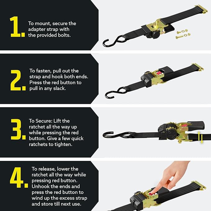 DC Cargo Mall Bolt-on E Track Auto Retractable Ratchets Straps Heavy Duty (2 Pack) 2 Inch x 6 Ft - Retractable Ratchet Tie Down Straps for Boats, Jet Skis, Motorcycles, ATVs - 4,000 lbs Break Strength
