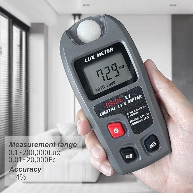 BSIDE Light Meter Digital Illuminance Meter 0.1-200,000 Luxmeter Environment Luminometer Photometer for Plants, Car Headlights, Home & Office LEDs Light Photography