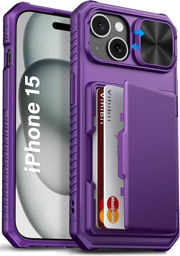 Vihibii for iPhone 15/14/13 Wallet Case, Built-in Card Holder (4 Cards), RFID Blocking & Slide Camera Cover, Military Grade Drop Protection, Rugged Hard Phone Case, Dark Purple