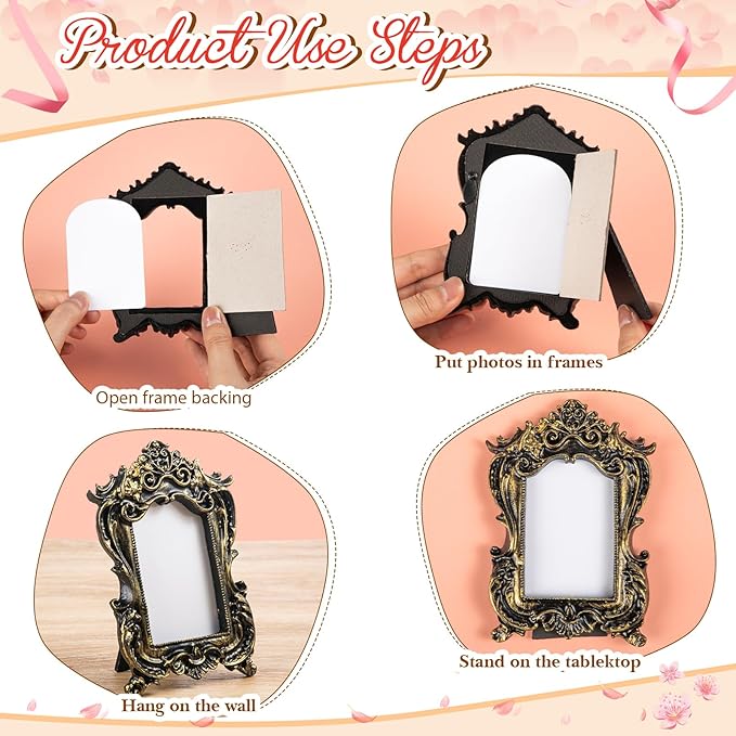 Maitys 5 Pcs Mini Picture Vintage Frames with Stands Tiny Antique Photo Baroque Ornate Resin Oval Frame Table Top Display Home Wedding Decor (Black Gold)
