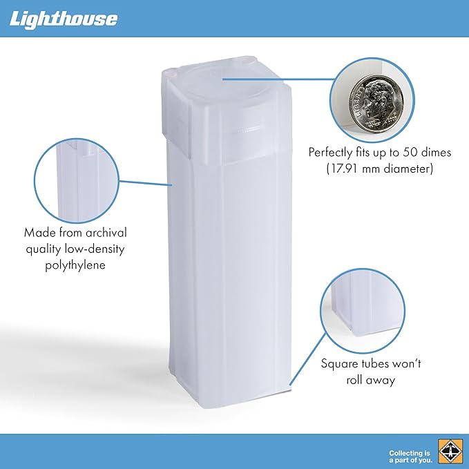 Lighthouse - Square Coin Tubes - Convenient Push Top, Virtually Unbreakable, Acid Free and Archival Quality - Coin Tubes for US Dimes, 10 Pack