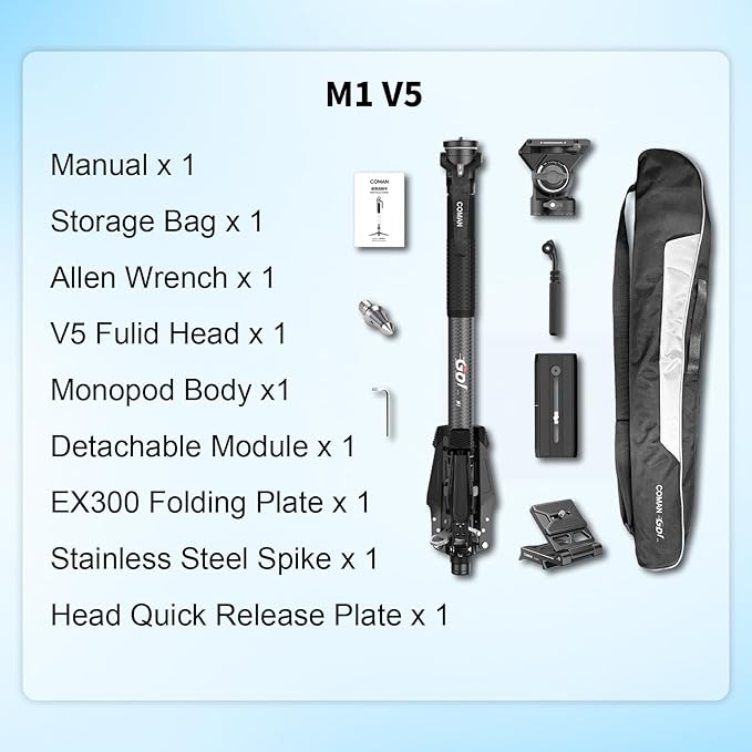 COMAN M1V5 Camera Monopod, One-Click Lifting Monopod with Feet, 67'' Lightweight monopod with V5 Fluid Head Quick Release Plate for Camera, DSLR, Camcorder (M1V5)