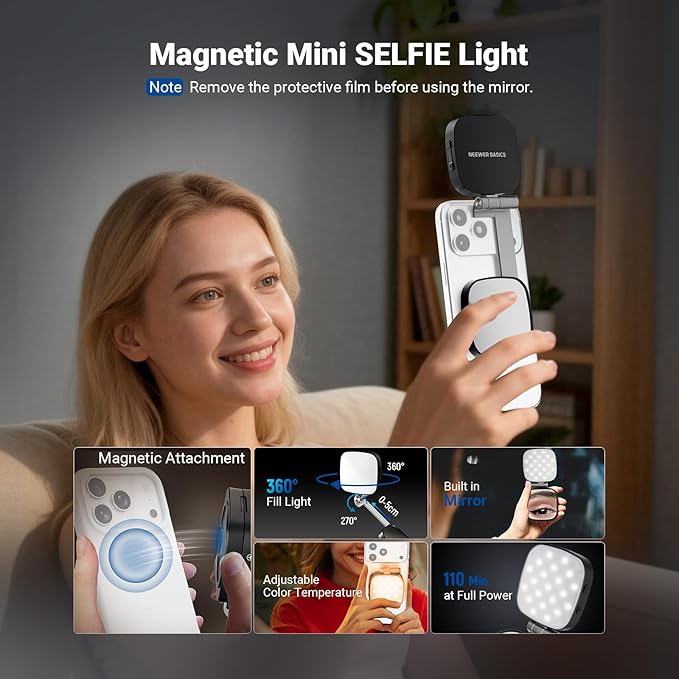 NEEWER Basics Magnetic Selfie Light Compatible with MagSafe iPhone, 2W CRI95+ Bi Color Swivel Small LED Phone Fill Lighting, 680lx/0.3m, Mirror for Vlog Recording Makeup Video Conference, NL45B Black