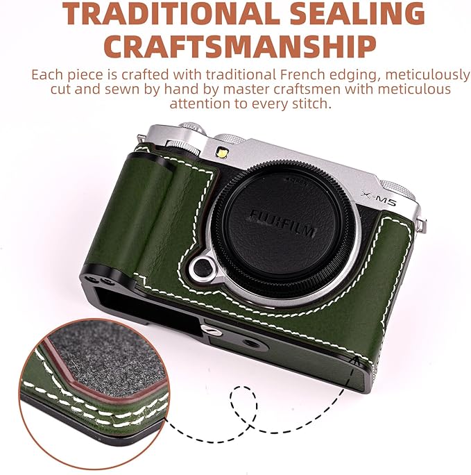 Uchandmade Handmade Genuine Leather Camera Half Case for Fujifilm X-M5/Fujifilm X-M5 Camera Case/Fujifilm X-M5 Case - Top Layer Cowhide Body + Metal Base Plate+ Hand Shank Design (Green M-BOX)