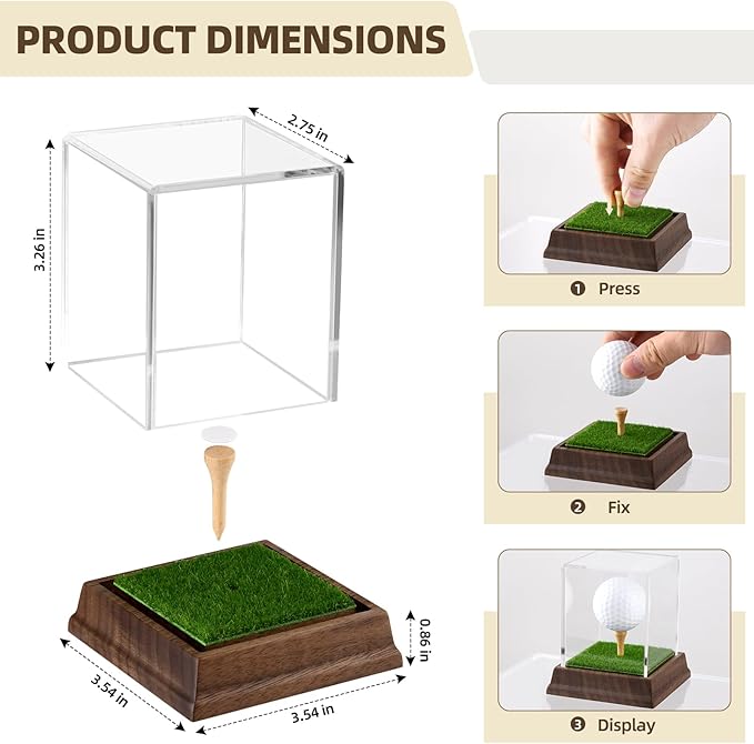 Golf Ball Display Case Hole in One Golf Ball Display Case Holder Wanult Wood Base Acrylic Golf Ball Holder Stand Lifelike Turf Wood Tee Memorabilia Showcase Square Cube Box Stand Golf Gifts Decor
