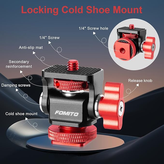 FOMITO Metal Camera Monitor Mount with 1/4" Serew and Cold Shoe, Rotary Adapter 360° Swivel Universal for Flash Speedlite, Field Monitor, LED Video Light, Microphone,etc - Red Color