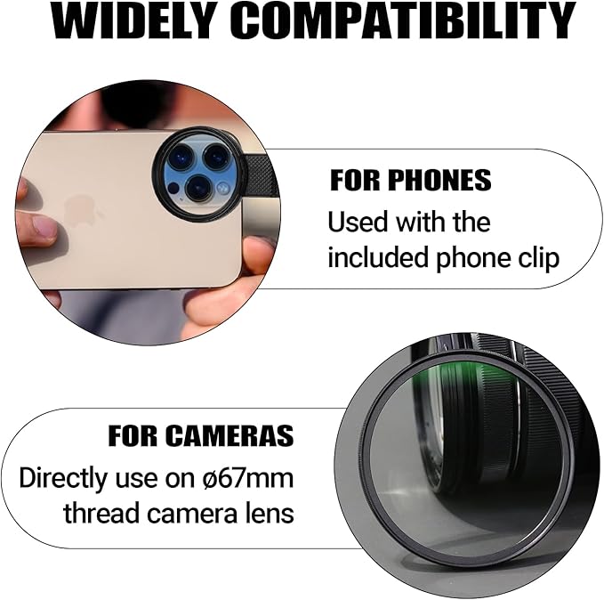 52mm CPL Filter Compatible with iPhone, Clip-on Filtro Polarizador para Celular, Reduced Reflection, Compatible with iPhone 16/15/14/13 Pro Max, Samsung Galaxy, Huawei