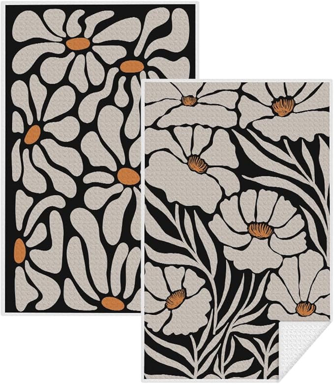 2Pcs Boho Floral Kitchen Towels 24x14 Inch, Abstract Botanical Decorative Hand Towels for Kitchen Home Bathroom, Absorbent Microfiber Dish Cloth Tea Towel, Home Gifts for Women Mom Grandma