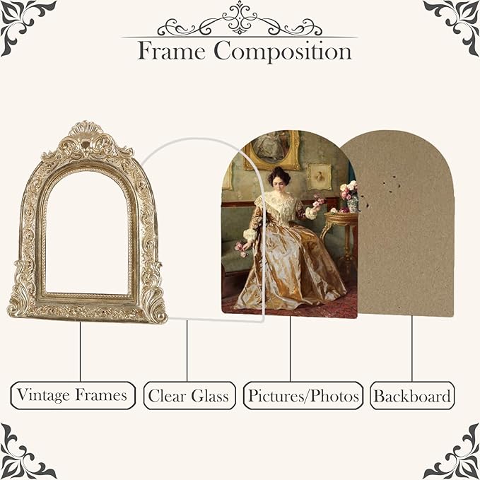 Vintage Picture Frames 2.5x3.5 Ornate Gold Antique Picture Frames for Wall and Tabletop Vintage Photo Frame Victorian Home Decor Gallery Wall Decor in Arch Shape