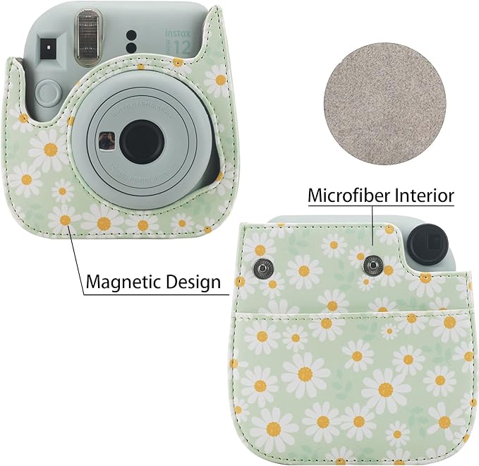 Frankmate Protective Case Compatible with Fujifilm Instax Mini 12 11 9 8 Instant Film Camera with Pocket and Adjustable Strap (Green Daisy)