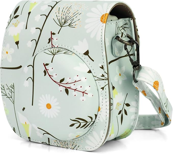 Frankmate Protective Case Fit for Fujifilm Instax Mini 12 11 9 8 Camera, PU Leather Camera Bag with Pocket and Adjustable Shoulder Strap (Chrysanthemum)