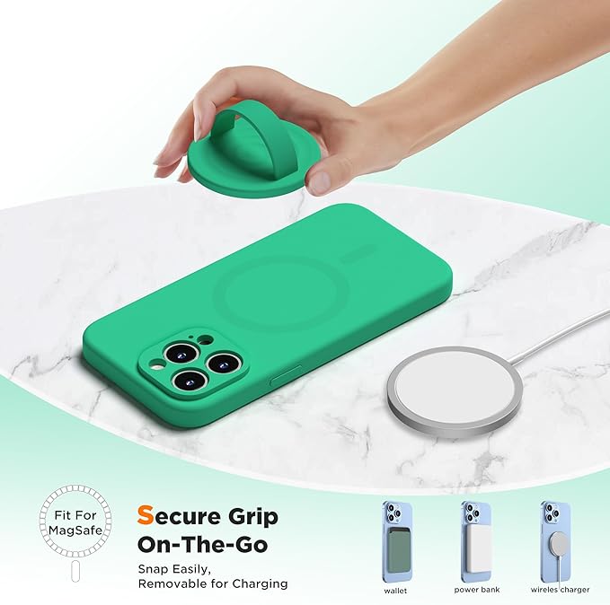 Upgraded Magnetic Phone Grip, Liquid Silicone Soft and Portable, Removable Finger Loop Ring Grip Holder for iPhone, Strong Magnetic Attraction, Compatible with MagSafe Phone Case, Emerald Green