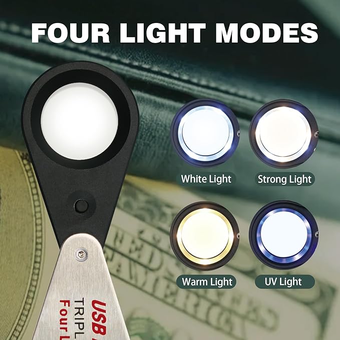 10X Rechargeable Jewelers Loupe with UV & LED Lights, Four Light Modes, Illuminated 22mm Eye Loop Magnifier Pocket Folable Jewelry Magnifying Glass for Jewelry, Currency, Gemstone, Coins, Stamps