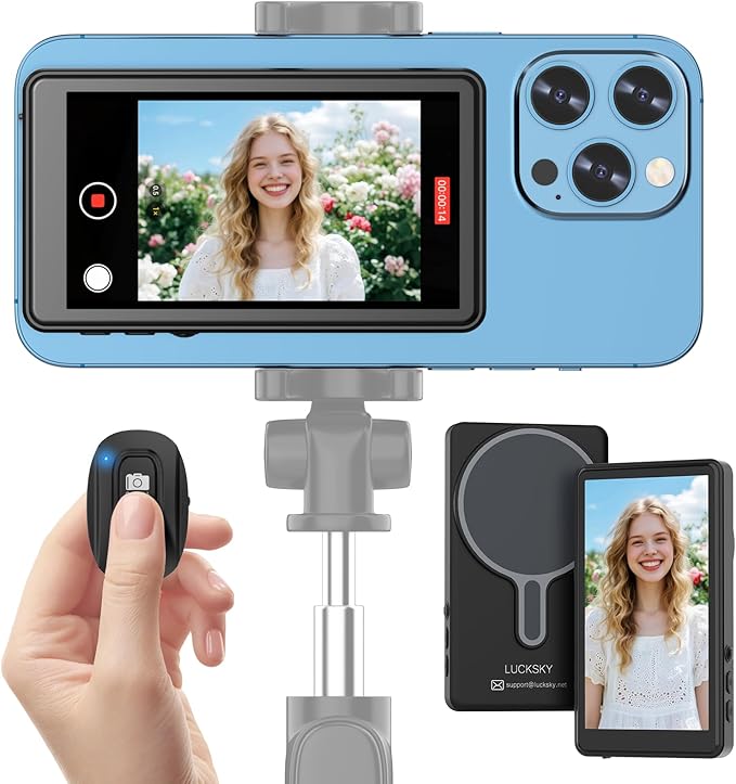 Vlog Selfie Monitor Screen iPhone, 4K 60fps Recording, Wireless Screen Mirroring with Remote Control, Magnetic Fixation, 180° Rotation, 3 Levels of Brightness, Compatible with iPhone & Android