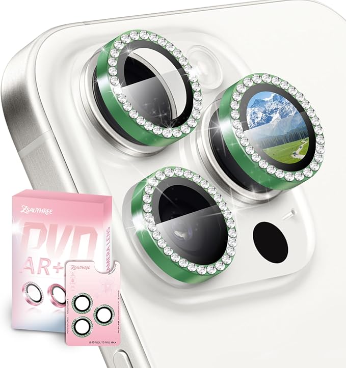 Camera Lens Protector Bling Compatible for iPhone 15 Pro/15 Pro Max,9H Tempered Glass,1Step Installation Tray,HD Clear/Military Grade Shatterproof/Scratch Resistant(Diamond Green)