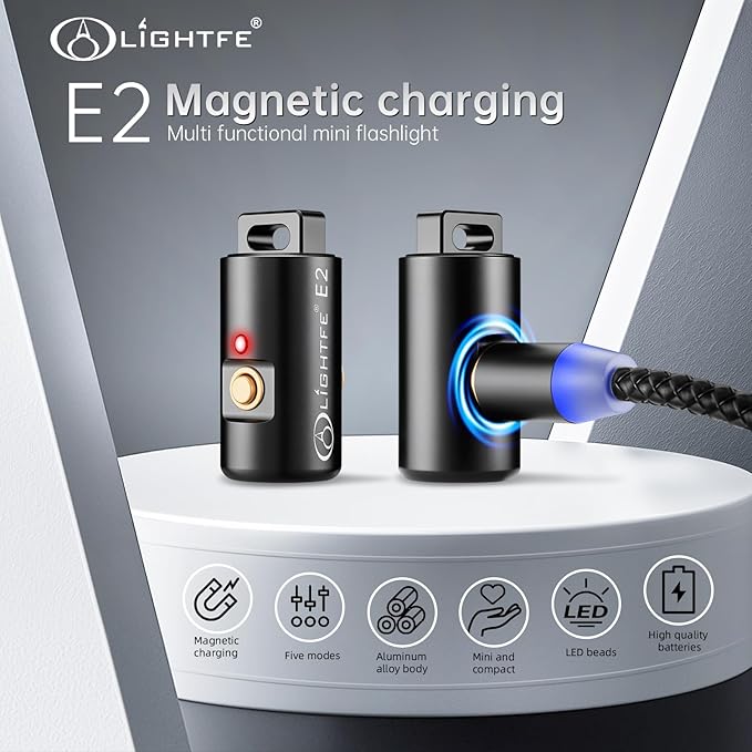 LIGHTFE E2 Mini Keychain Flashlight - Rechargeable USB Magnetic Charging, Compact & Bright LED Pocket Light for Emergencies, Camping, EDC, Everyday Carry