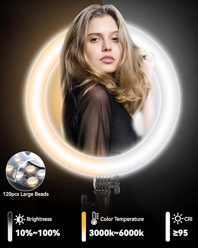 18" Professional LED Ring Light Kit with Tripod,CRI≥95, 3000K-6000K Adjustable Brightness & Color Temp, Includes Phone Holder & Remote for Live Streaming, YouTube, TikTok, Photography, Makeup