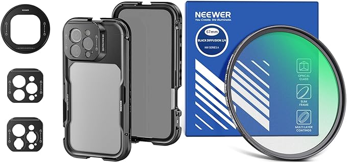 NEEWER PA074 16 Pro Max Cage, Video Rig Phone Stabilizer Compatible with iPhone 16 Pro Max with 67mm Filter Adapter, 17mm Lens Backplate, T Mount Lens Adapter, 67mm Black Diffusion 1/4 Filter Included