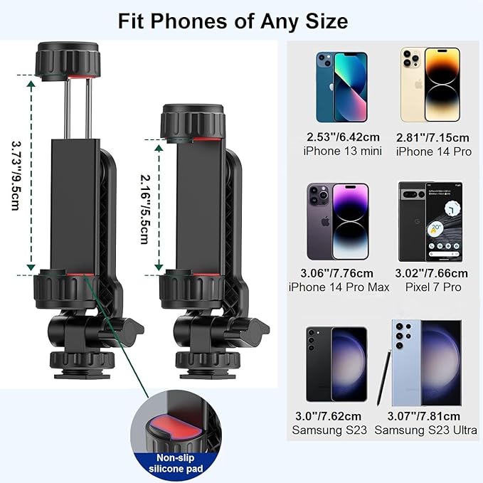 Phone Tripod Mount iPhone Holder for Tripod, Universal Smartphone Mount Adapter with 2 Cold Shoes, 360° Rotate Adjustable Cellphone Clip Clamp Holder for iPhone Android Camera