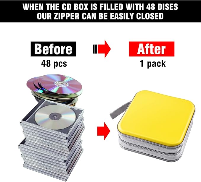 DVD Case Wallet Holder Binder - 48 Capacity CD/DVD Cases Storage Holder Binder Organizer Wallet Book for Car, Home, Travel (Yellow)