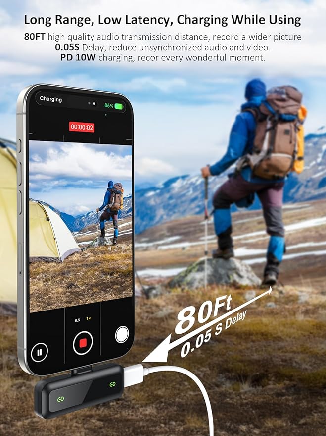 USB C Wireless Lavalier Microphone for iPhone 15/16, Mini Lav LED Mic for Android Phone with Noise Cancelling, Lapel Podcast Microphone for Tiktok Content Creator Video Recording, Streaming, Vlogging