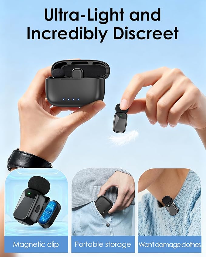 PoP voice Mini Wireless Lavalier Microphone for iPhone 17 16 15 & Android，Noise Cancellation，48KHz 16-Bit,24H Battery Life with Charging Case for Video Recording Podcast, Tiktok, Vlogging