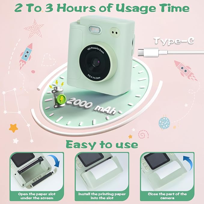 Kids Camera Instant Print, 1080P HD Dual-Lens Selfie Digital Camera with 5 Printing Paper Rolls & 32G TF Card, for Children, Portable Toddler Toy for Age 3-12 Boys & Girls (Mint Green)