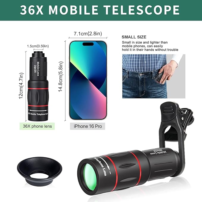 36X Telephoto Phone Lens for iPhones, Android Phones, Lenovo Mobiles, Google Mobiles, Including an Apple 16 Mobile Phone-Specific Phone Case, Manual Precise Focusing, Super Clear Vision