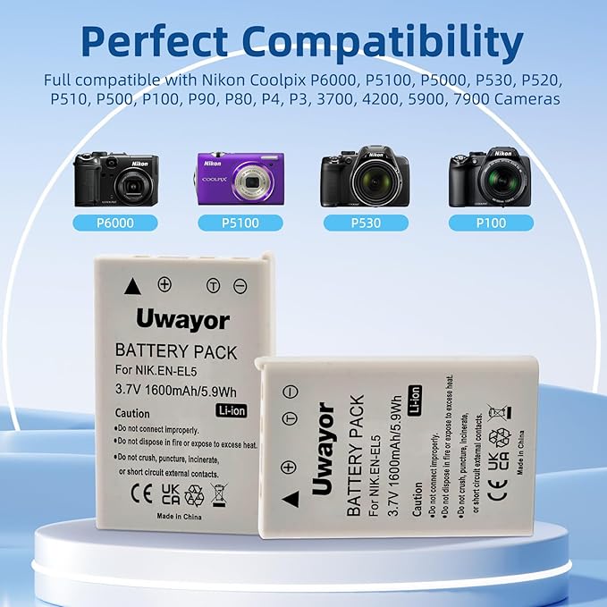 EN-EL5 Battery 2 Pack and Dual Charger for Nikon CoolPix P530, P520, P510, P500, P100, P90, P80, P6000, P5100, P5000, P5900, P7900, P5200, 3700, 4200, P3, P4,S10 Camera