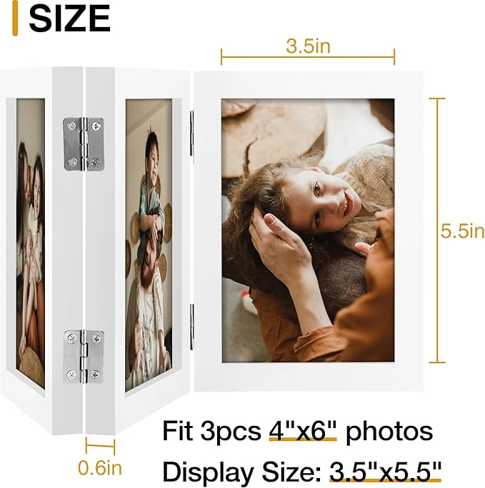 decorUhome Triple 4x6 Picture Frame Vertical, Engineered Wood Trifold Photo Frame with Plexiglass for Tabletop Display, 4x6, White