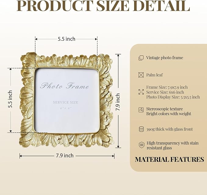 Cuspin 6x6 Picture Frame Gold Frames Square, Vintage Palm Leaves Textured Hand-Crafted Resin Frames with Glass Front, Retro Photo Frame for Wall Hanging and Tabletop Display Home Decor