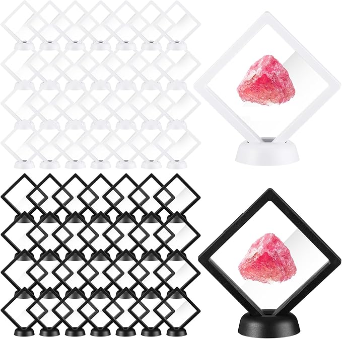 60 Pcs 3D Floating Display Case PE Film Jewelry Storage Box Coins Display Frame Holder Stands for Antique Challenge Coins, Medallion Shells Gems Rocks Pins (White, Black,3.5 Inch)