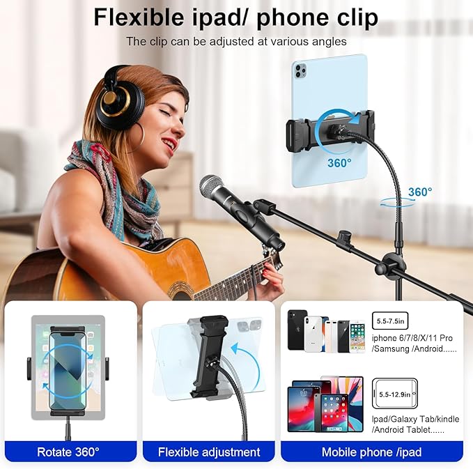 Mic Stand,6 In 1 Microphone Stand Floor Boom Mic Stand, Support Boom Gooseneck Mic Clips Tablet Phone Holder Any Combination With Mic Stand Bag