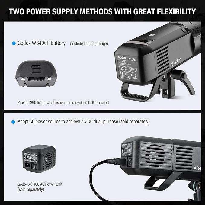 Godox AD400Pro 400Ws GN72 TTL 1/8000s HSS 2.4G X System All-in-One Outdoor Flash Speedlite Strobe Light, Battery-Powered Monolight, 390 Full Power Pops, 0.01-1s Recycle Time, 30W LED Modeling Lamp