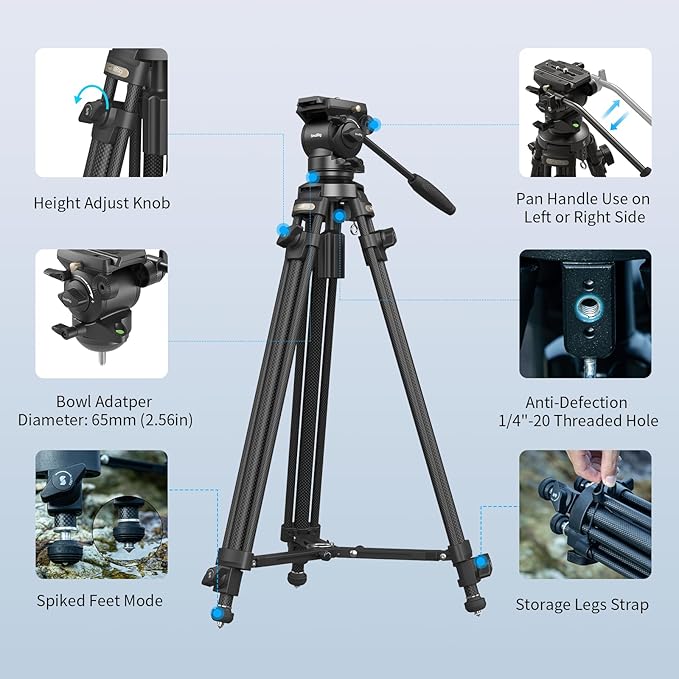 SmallRig AD-50 Heavy Duty Tripod, Carbon Fiber Video Tripod, 64" Lightweight Travel Tripods with Step-Less Damping Fluid Head, Detachable Handle, Lift Rope, Load up to 13.2lb for Camcorder, Cameras