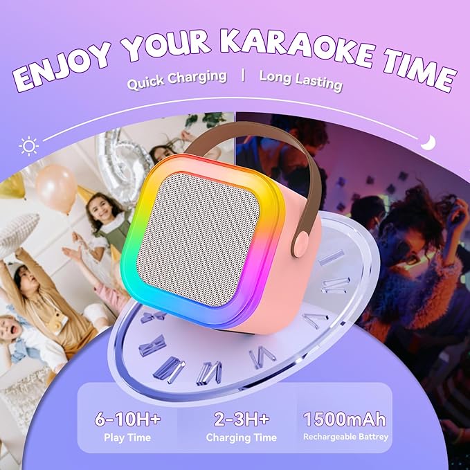 Mini Karaoke Machine for Kids Girls Boys - Birthday Gifts for Ages 4 5 6 7 8+ Year Old - 2026 New est - Portable Bluetooth Speaker with 2 Wireless Microphone - Kids' Instrument Accessories - Pink