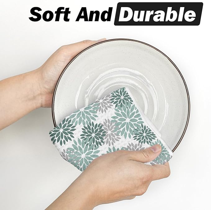Artoid Mode Green Dahlia Floral Kitchen Dish Cloths, 12x12 Inch Quick Dry Microfiber Dishcloths for Kitchen Premium Dish Rags Set of 2
