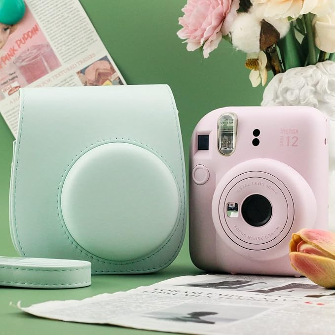 Frankmate Protective Case Compatible with Fujifilm Instax Mini 12 11 9 8 Instant Film Camera with Pocket and Adjustable Strap (Light Green)