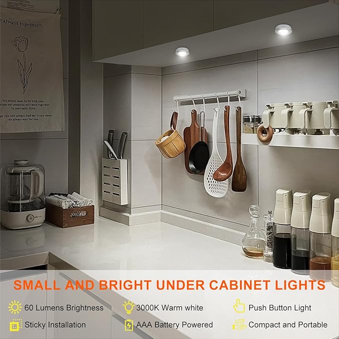 BIGMONAT LED Puck Light, Stick on Lights, Closet Lights Battery Operated, Tap Lights, 60 Lumens Touch Light, Under Cabinet Lighting, Ideal for Kitchen Cabinets, Closets, 3-Pack, Silver
