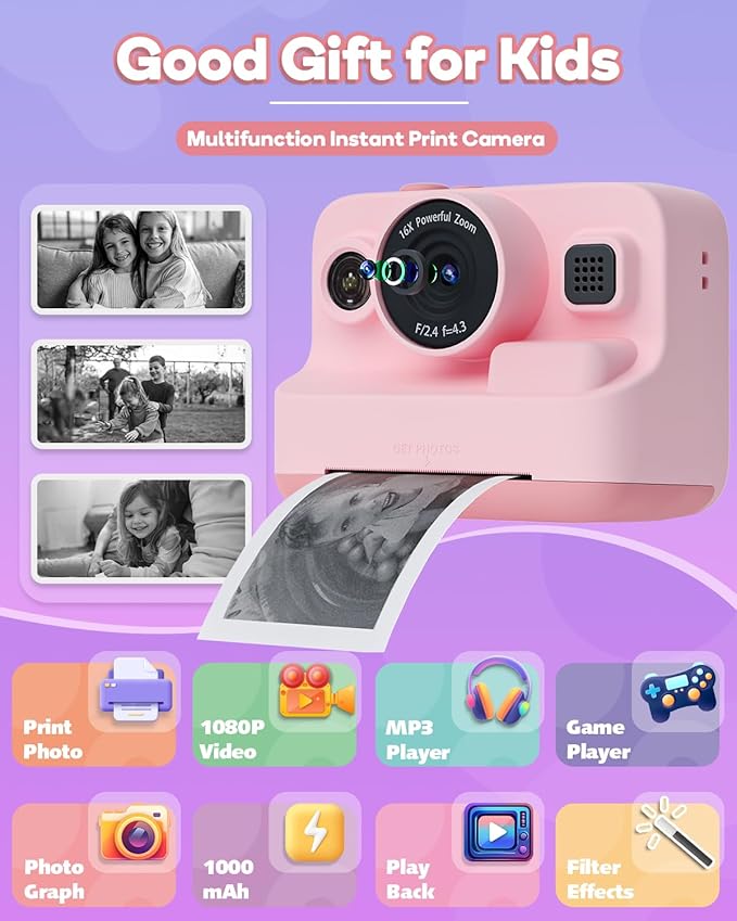 Dylanto Kids Camera Instant Print,1080P Kids Instant Cameras That Print Photos,Christmas Birthday Gifts for Girls Age 3-12,Portable Toy for 3 4 5 6 7 8 9 10 Year Old Girls Boys Pink