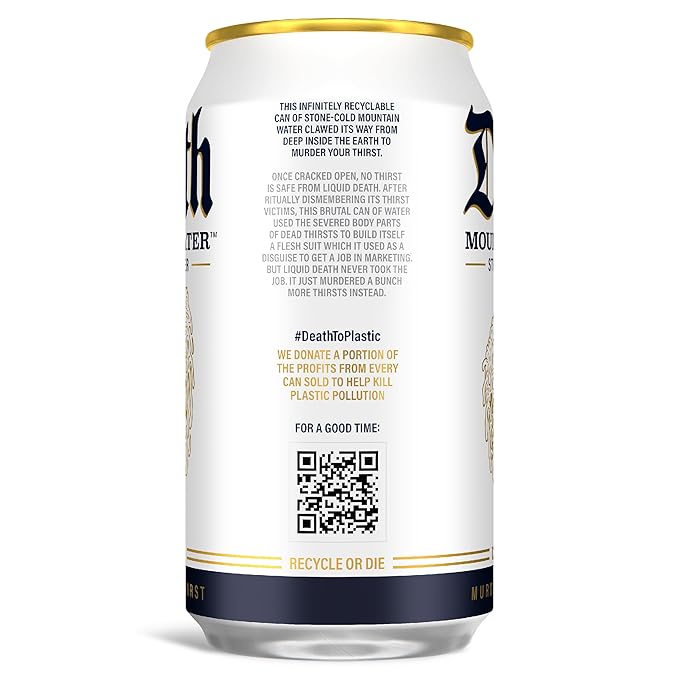 Liquid Death Still Mountain Water, Real Mountain Source, Ice-Cold Cans, Infinitely Recyclable, 12 Fl Oz (Pack of 12)